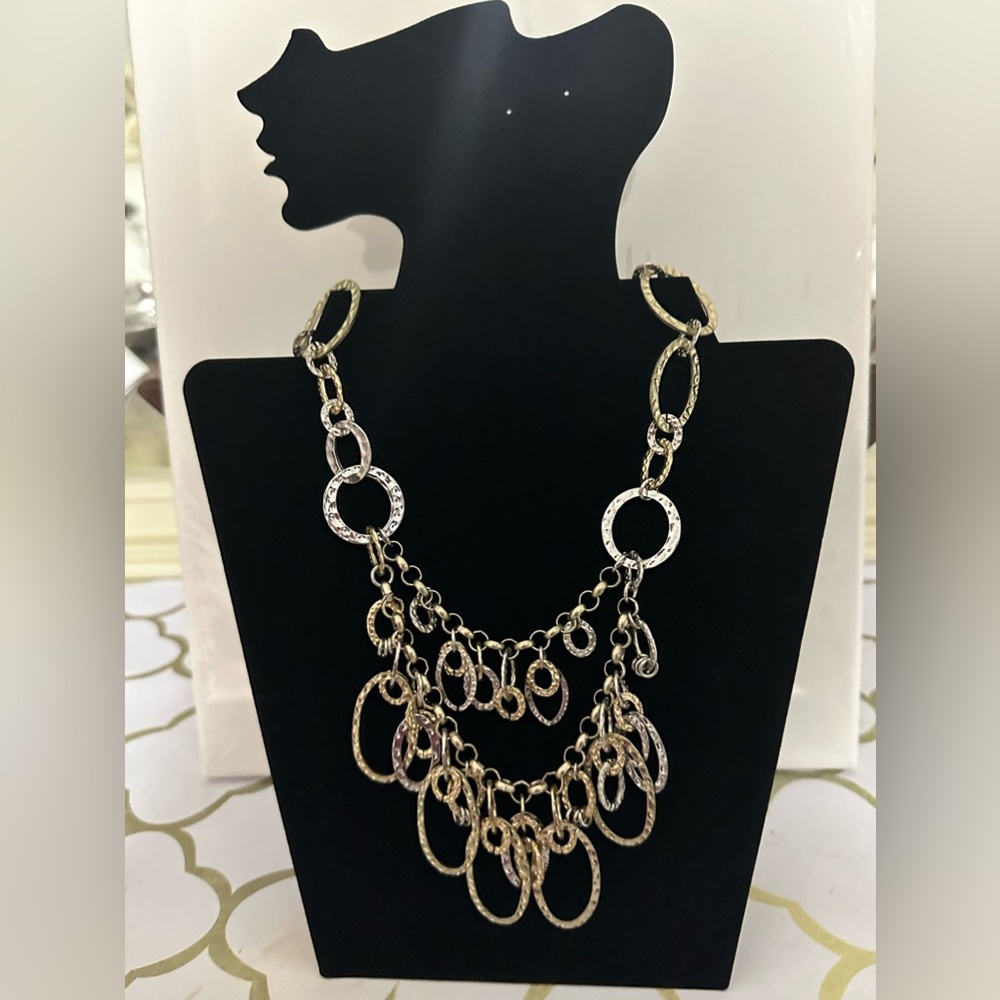 Elegant hammer silver and gold multi oval and circle loops 18”long necklace